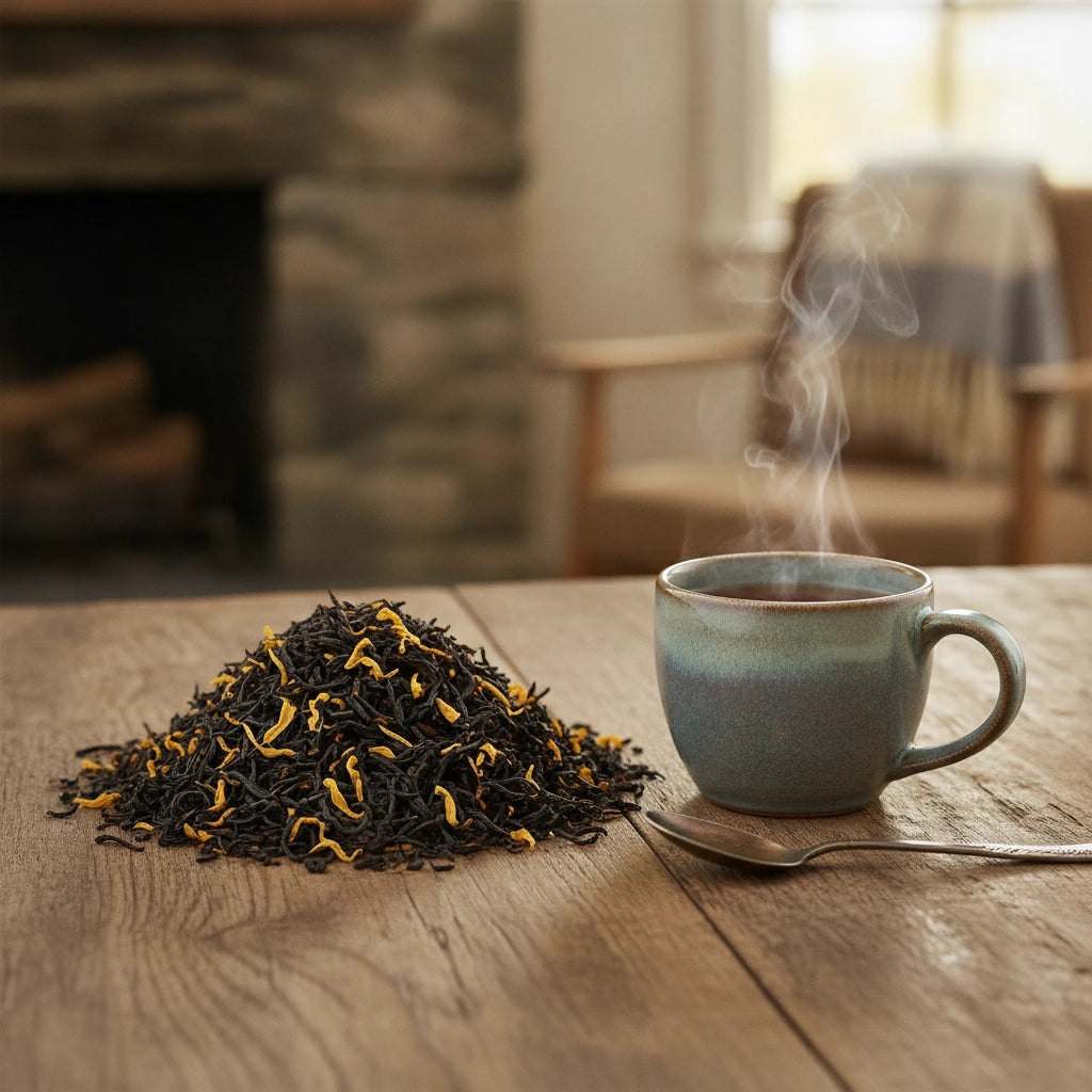 Passion Fruit Black Tea (Camellia Sinensis) | Can you show this tea outside of the bag and bowl, on a table next to a hot tea cup in a rustic home.