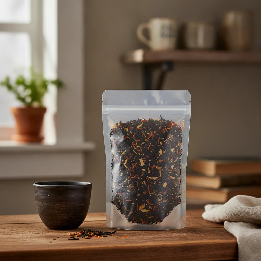 Passion Peach Black Tea (Camellia Sinensis) | The herb/powder/tea that is in the black bowl, i would like it to shown in a plastic stand up resalable bag that is clear.