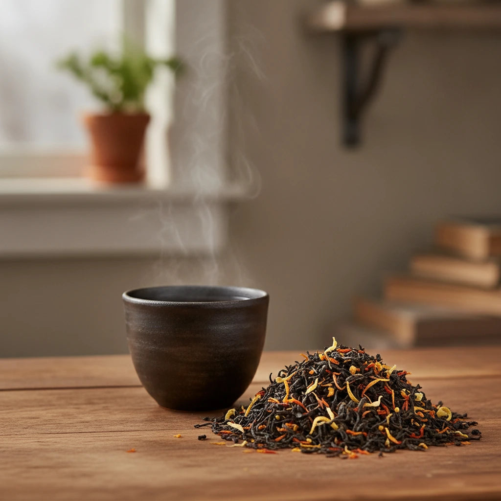 Passion Peach Black Tea (Camellia Sinensis) | Can you show this tea outside of the bag and bowl, on a table next to a hot tea cup in a rustic home.