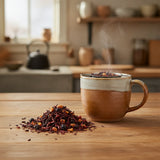 Passionberry Fruit Herbal Tea | Can you show this tea outside of the bag and bowl, on a table next to a hot tea cup in a rustic home.