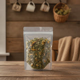 Peaceful Prana Herbal Tea | The herb/powder/tea that is in the black bowl, i would like it to shown in a plastic stand up resalable bag that is clear.
