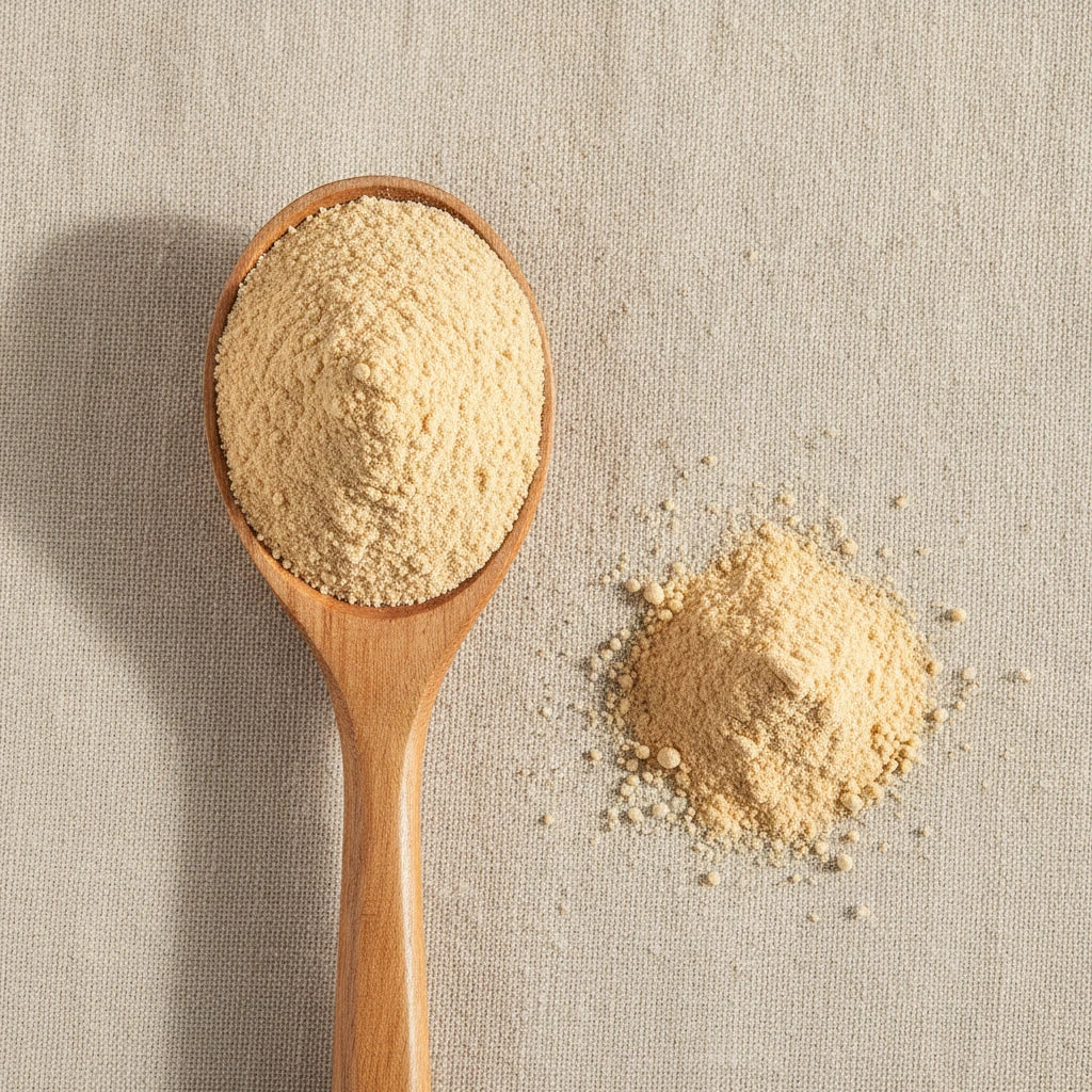 Peach Juice Powder (Prunus Persica) | Create a luxurious, photorealistic product photograph featuring the original product naturally arranged in an elegant handcrafted wooden spoon on a soft, finely