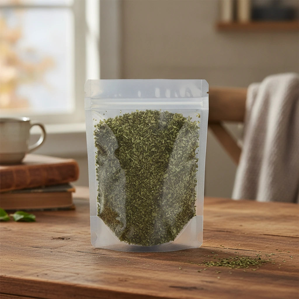 Peppermint Leaf Cut (Egyptian) (Mentha Piperita) | The herb/berry/powder/fruit/root/bark that is in the black bowl, i would like it to shown in a plastic stand up resalable pouch that is clear.