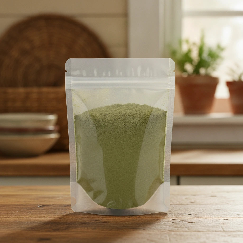 Peppermint Leaf Powder (Mentha Piperita) | The herb/berry/powder/fruit/root/bark that is in the black bowl, i would like it to shown in a plastic stand up resalable pouch that is clear.