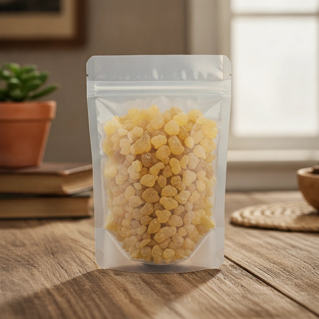 Peruvian Golden Copal Resin Pieces (Protium Copal) | The herb/berry/powder/fruit/root/bark that is in the black bowl, i would like it to shown in a plastic stand up resalable pouch that is clear.