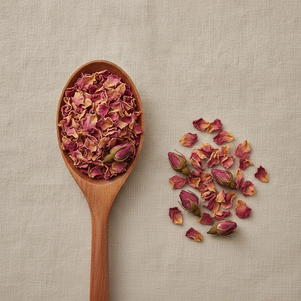 Pink Rose Buds & Petals Whole (Rosa Spp.) | Create a luxurious, photorealistic product photograph featuring the original product naturally arranged in an elegant handcrafted wooden spoon on a soft, finely