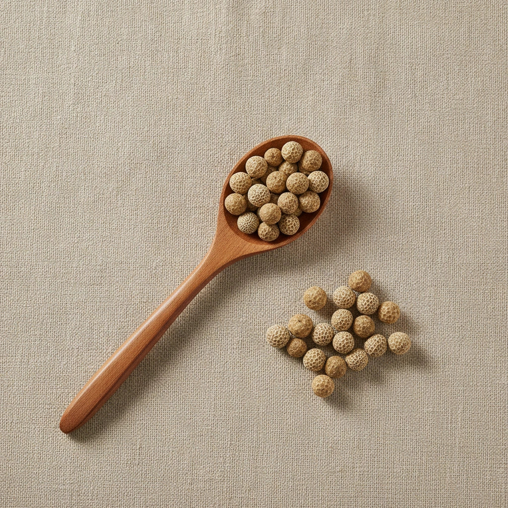 Pipewort Flower Whole (Eriocaulon Buergerianum) | Create a luxurious, photorealistic product photograph featuring the original product naturally arranged in an elegant handcrafted wooden spoon on a soft, finely