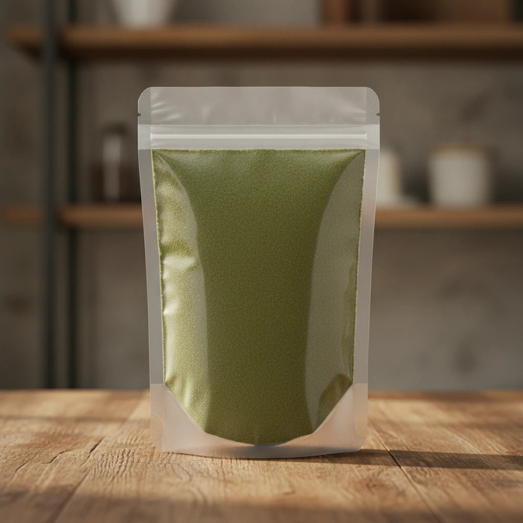 Plantain Herb Powder (Plantago Major) | The herb/berry/powder/fruit/root/bark that is in the black bowl, i would like it to shown in a plastic stand up resalable pouch that is clear.