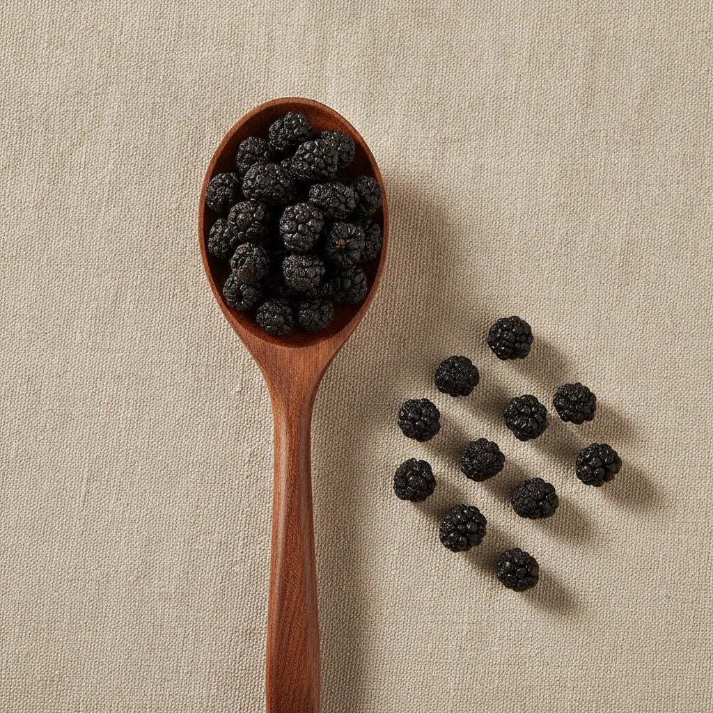 Poke Berries Whole (Phytolacca Americana) | Create a luxurious, photorealistic product photograph featuring the original product naturally arranged in an elegant handcrafted wooden spoon on a soft, finely