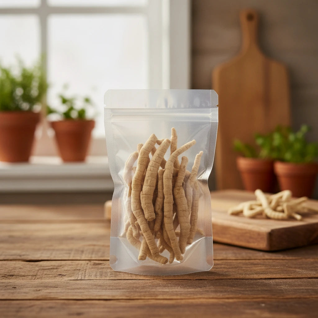 Polygala Root Pieces (Polygala Tenuifolia) | The herb/berry/powder/fruit/root/bark that is in the black bowl, i would like it to shown in a plastic stand up resalable pouch that is clear.