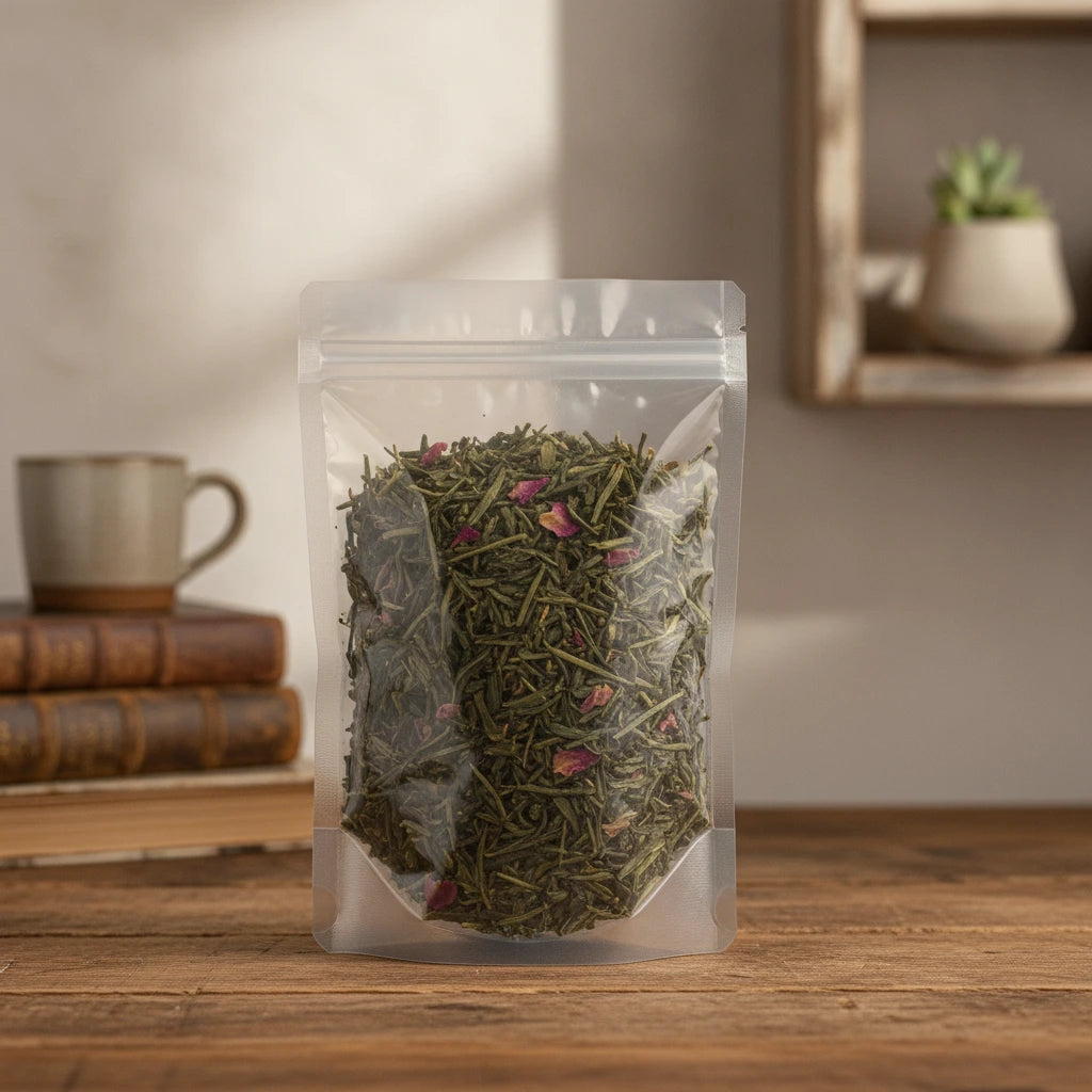 Pomegranate Green Tea (Camellia Sinensis) | The herb/powder/tea that is in the black bowl, i would like it to shown in a plastic stand up resalable bag that is clear.