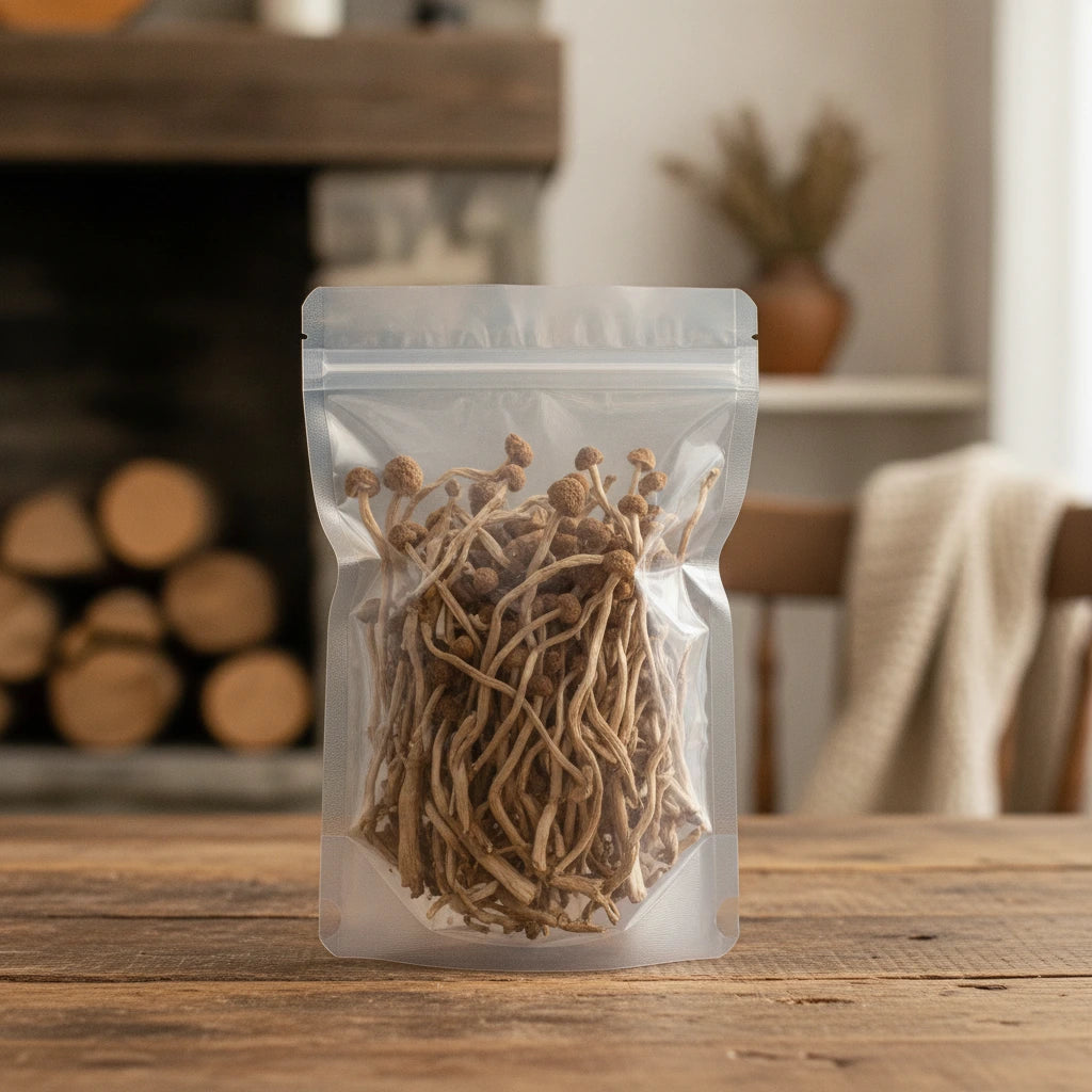 Poplar Mushroom Whole (Agrocybe Aegerita) | The herb/berry/powder/fruit/root/bark that is in the black bowl, i would like it to shown in a plastic stand up resalable pouch that is clear.