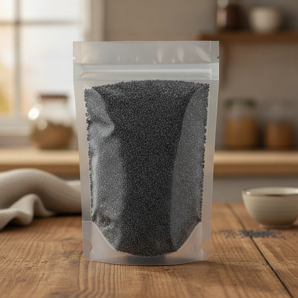 Poppy Seed Whole (Papaver Somniferum) | The herb/berry/powder/fruit/root/bark/seeds that is in the black bowl, i would like it to shown in a plastic stand up resalable pouch that is clear.