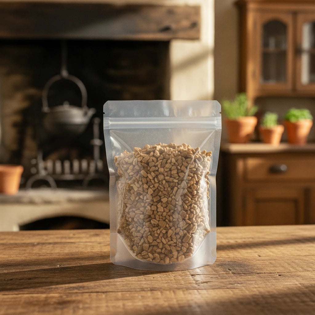 Prickly Ash Bark Cut (Zanthoxylum Clava Herculis) | The herb/berry/powder/fruit/root/bark that is in the black bowl, i would like it to shown in a plastic stand up resalable pouch that is clear.