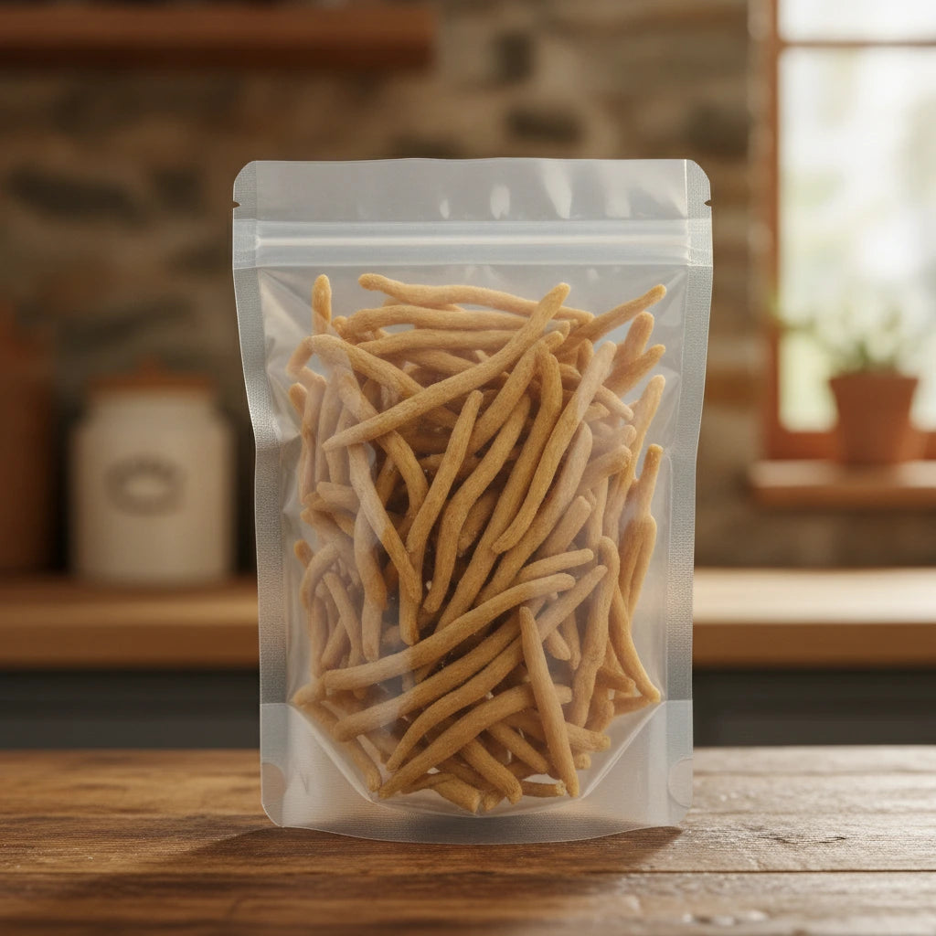 Pseudostellaria Root Pieces (Pseudostellaria Heterophylla) | The herb/berry/powder/fruit/root/bark that is in the black bowl, i would like it to shown in a plastic stand up resalable pouch that is clear.