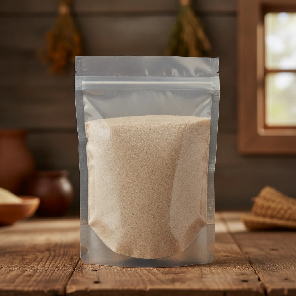 Psyllium Seed Powder (Plantago Ovata) | The herb/berry/powder/fruit/root/bark that is in the black bowl, i would like it to shown in a plastic stand up resalable pouch that is clear.