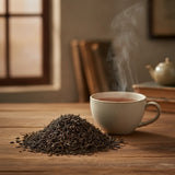 Pu-erh Small Leaf Tea (Camellia Sinensis) | Can you show this tea outside of the bag and bowl, on a table next to a hot tea cup in a rustic home.