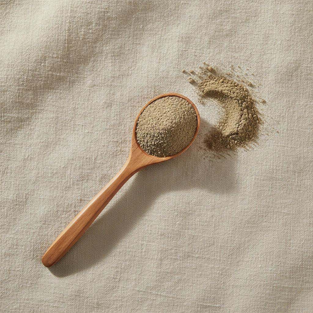 Pumpkin Seed Protein Powder 70% (Cucurbita Moschata) | Create a luxurious, photorealistic product photograph featuring the original product naturally arranged in an elegant handcrafted wooden spoon on a soft, finely