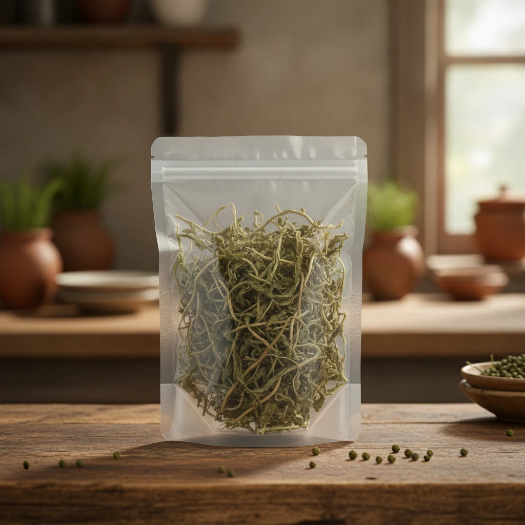 Purslane Herb Cut (Portulaca Oleracea) | The herb/berry/powder/fruit/root/bark that is in the black bowl, i would like it to shown in a plastic stand up resalable pouch that is clear.