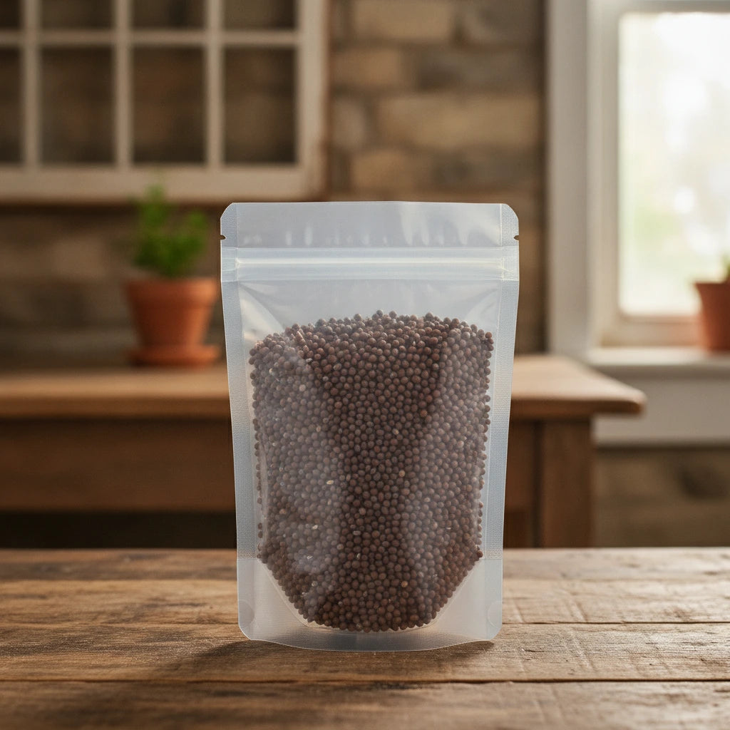 Radish Seed Whole (Raphanus Sativus) | The herb/berry/powder/fruit/root/bark/seeds that is in the black bowl, i would like it to shown in a plastic stand up resalable pouch that is clear.