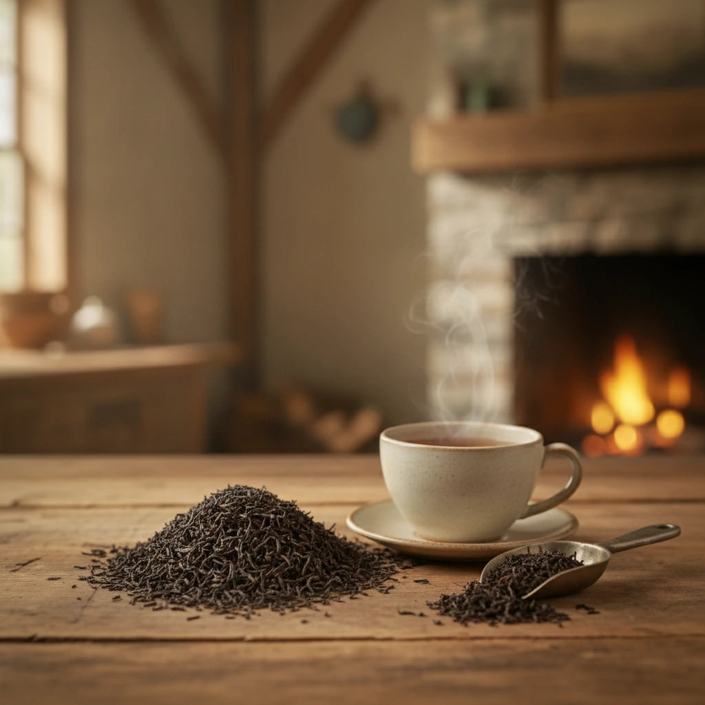 Raspberry Black Tea (Camellia Sinensis) | Can you show this tea outside of the bag and bowl, on a table next to a hot tea cup in a rustic home.