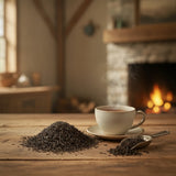Raspberry Black Tea (Camellia Sinensis) | Can you show this tea outside of the bag and bowl, on a table next to a hot tea cup in a rustic home.