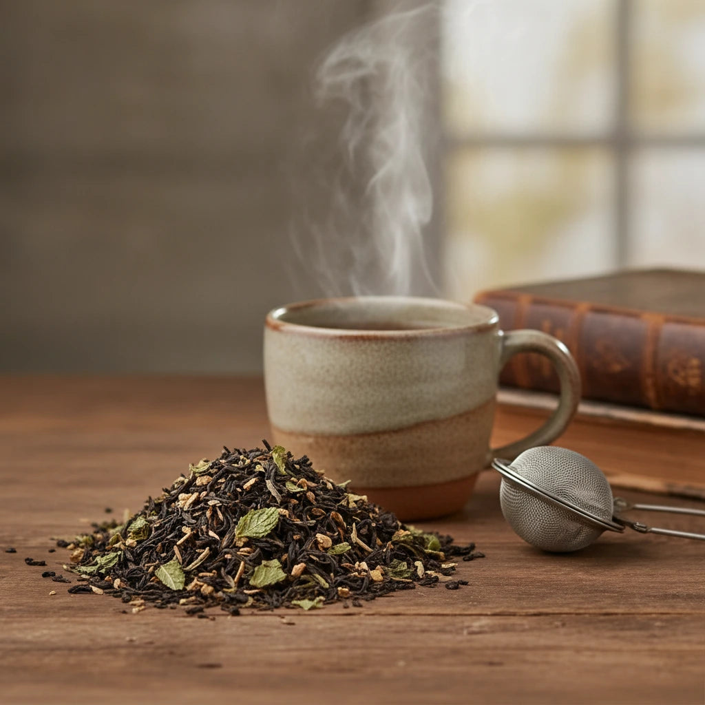 Raspberry Fruit Black Tea (Camellia Sinensis) | Can you show this tea outside of the bag and bowl, on a table next to a hot tea cup in a rustic home.