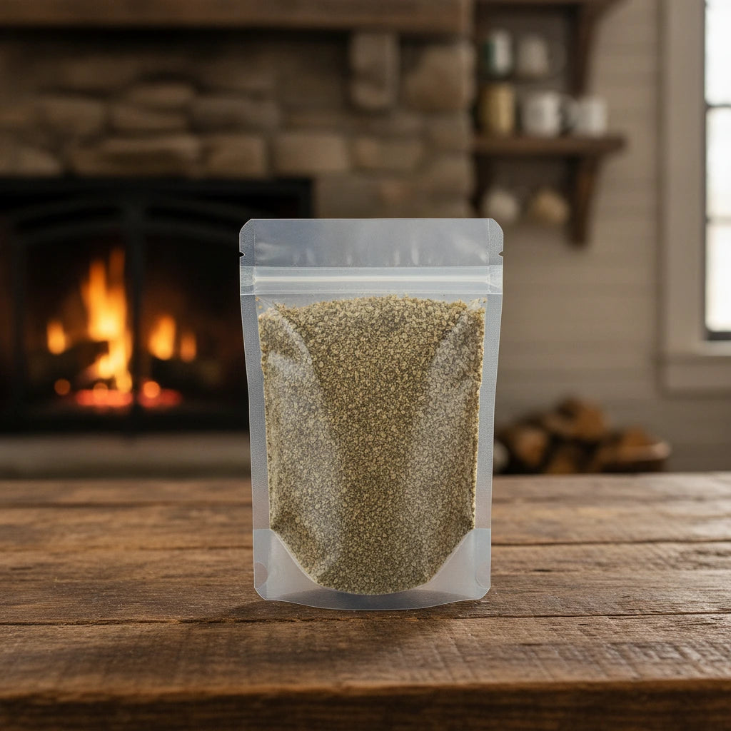 Raspberry Leaf Tea Bag Cut (Rubus Idaeus) | The herb/berry/powder/fruit/root/bark that is in the black bowl, i would like it to shown in a plastic stand up resalable pouch that is clear.