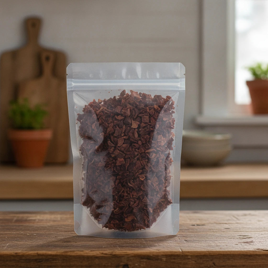 Red Bell Peppers Cut (Capsicum Annuum) | The herb/berry/powder/fruit/root/bark that is in the black bowl, i would like it to shown in a plastic stand up resalable pouch that is clear.