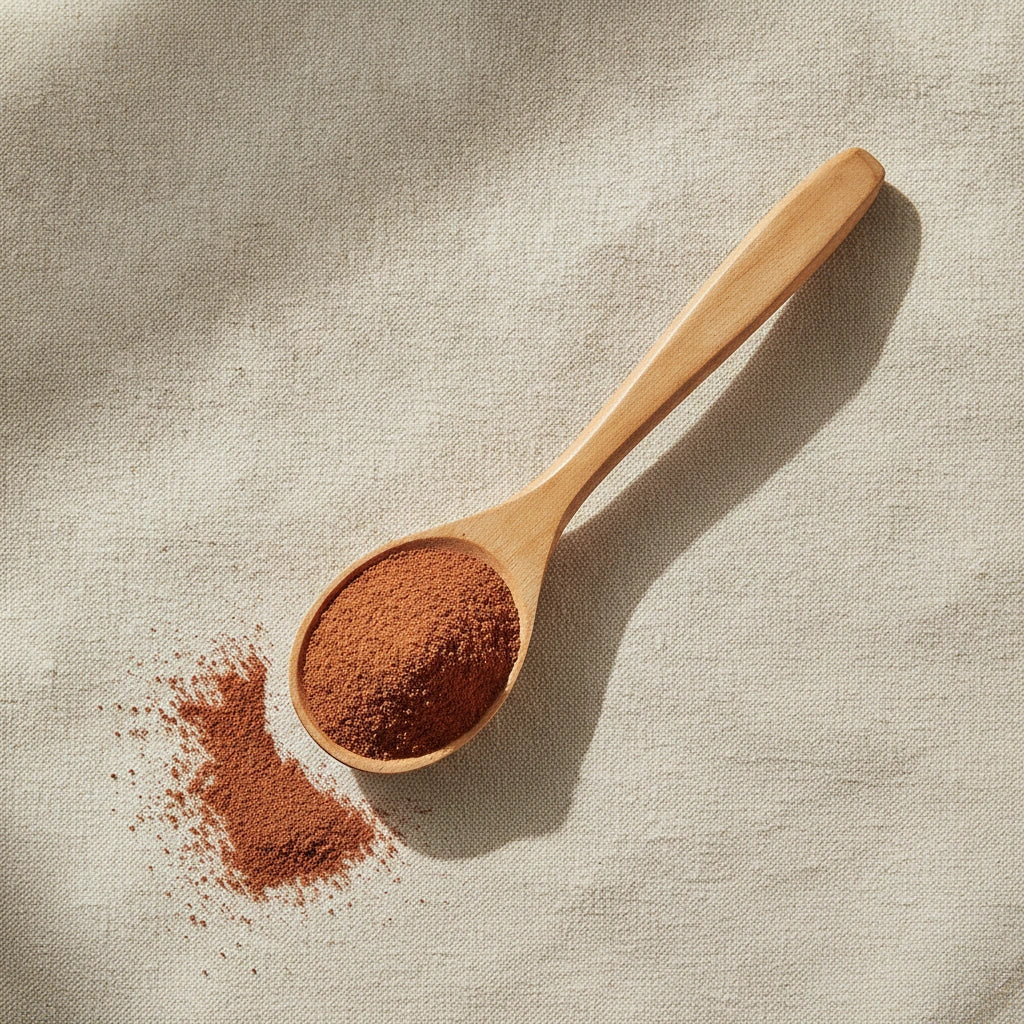 Red Clay Powder (Montmorillonite) | Create a luxurious, photorealistic product photograph featuring the original product naturally arranged in an elegant handcrafted wooden spoon on a soft, finely
