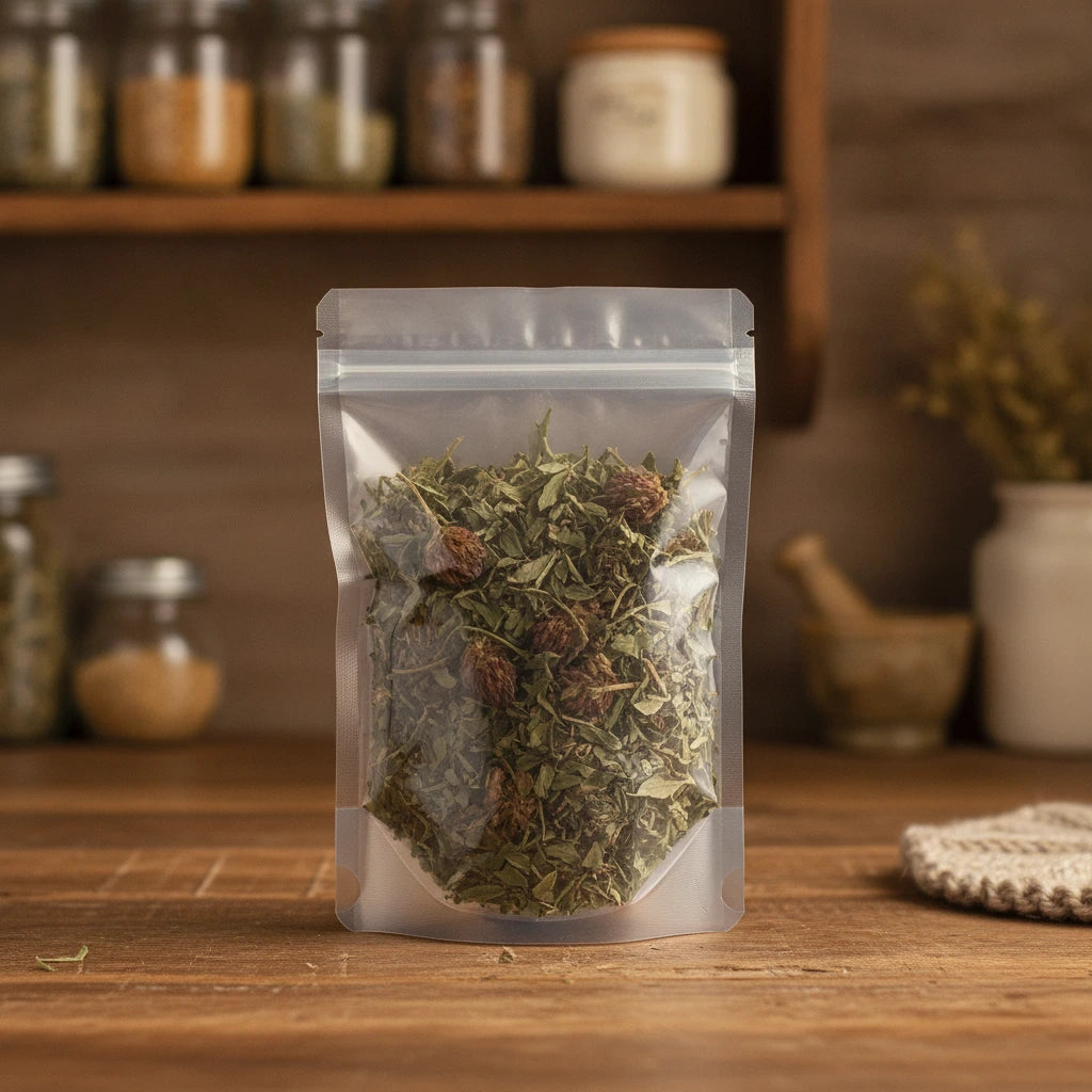 Red Clover Tops Whole (Trifolium Pratense) | The herb/berry/powder/fruit/root/bark that is in the black bowl, i would like it to shown in a plastic stand up resalable pouch that is clear.