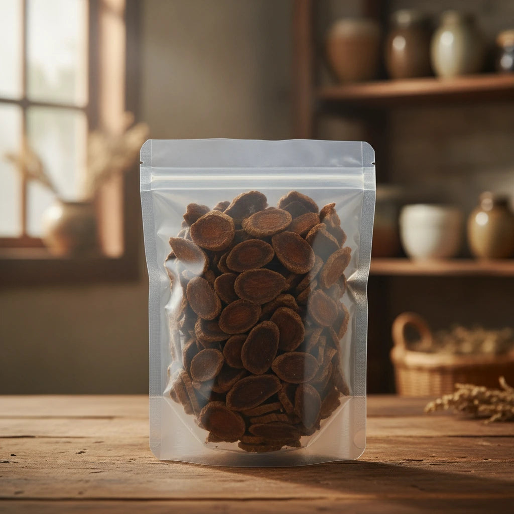 Red Ginseng Slice (Panax Ginseng) | The herb/berry/powder/fruit/root/bark that is in the black bowl, i would like it to shown in a plastic stand up resalable pouch that is clear.