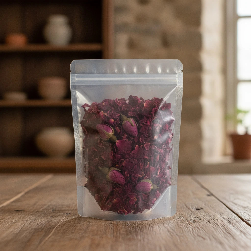 Red Rose Buds & Petals Whole (Rosa Centifolia) | The herb/berry/powder/fruit/root/bark that is in the black bowl, i would like it to shown in a plastic stand up resalable pouch that is clear.