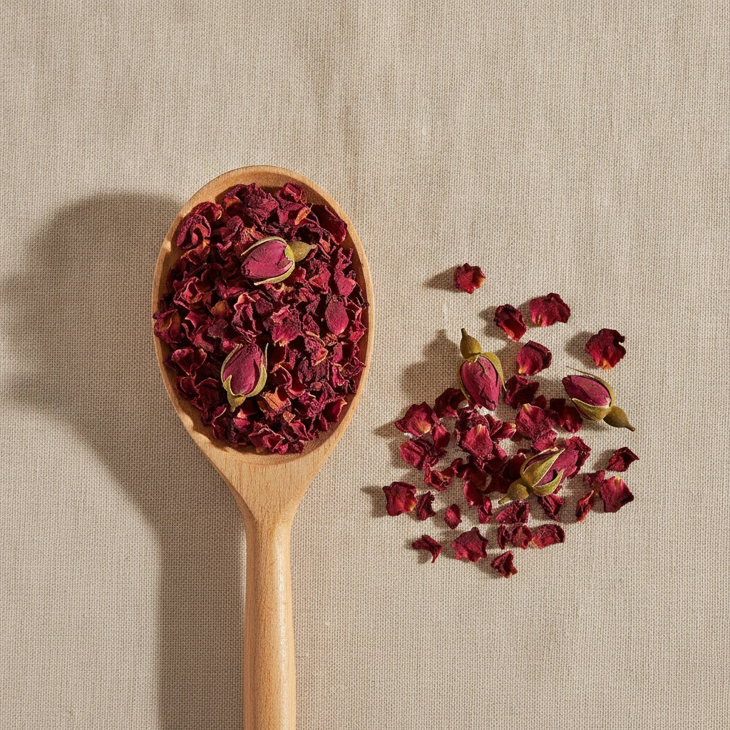 Red Rose Buds & Petals Whole (Rosa Centifolia) | Create a luxurious, photorealistic product photograph featuring the original product naturally arranged in an elegant handcrafted wooden spoon on a soft, finely