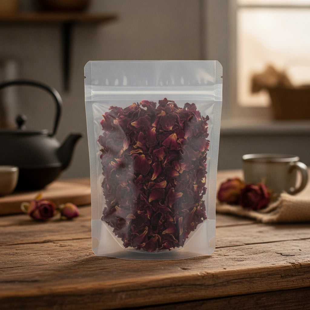 Red Rose Petals (Rosa Canina) | The herb/berry/powder/fruit/root/bark that is in the black bowl, i would like it to shown in a plastic stand up resalable pouch that is clear.