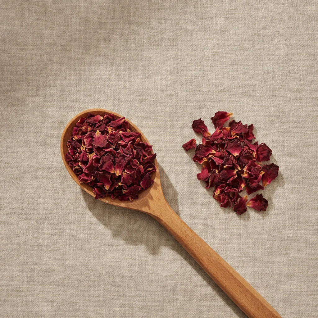 Red Rose Petals (Rosa Canina) | Create a luxurious, photorealistic product photograph featuring the original product naturally arranged in an elegant handcrafted wooden spoon on a soft, finely