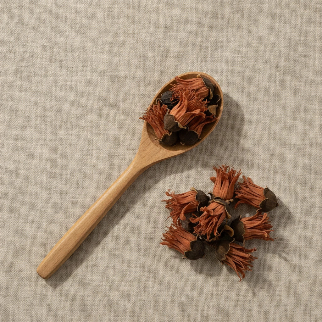 Red Silk-Cotton Flower Whole (Bombax Ceiba) | Create a luxurious, photorealistic product photograph featuring the original product naturally arranged in an elegant handcrafted wooden spoon on a soft, finely