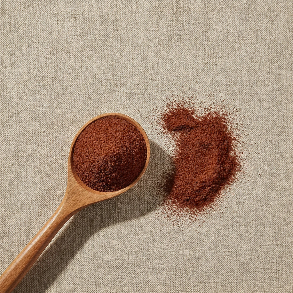 Reishi Mushroom Powder (Ganoderma Lucidum) | Create a luxurious, photorealistic product photograph featuring the original product naturally arranged in an elegant handcrafted wooden spoon on a soft, finely