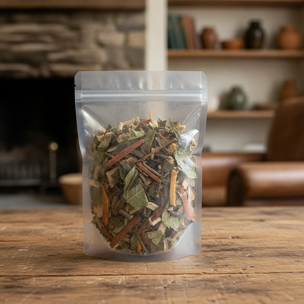 Relax Herbal Tea | The herb/powder/tea that is in the black bowl, i would like it to shown in a plastic stand up resalable bag that is clear.