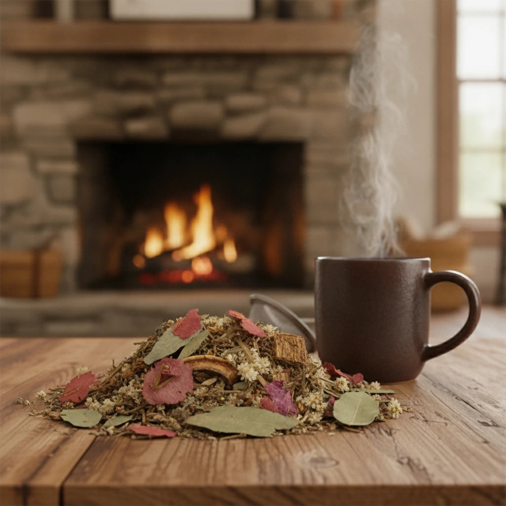 Respiratory Wellness Herbal Tea | Can you show this tea outside of the bag and bowl, on a table next to a hot tea cup in a rustic home.