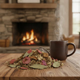 Respiratory Wellness Herbal Tea | Can you show this tea outside of the bag and bowl, on a table next to a hot tea cup in a rustic home.
