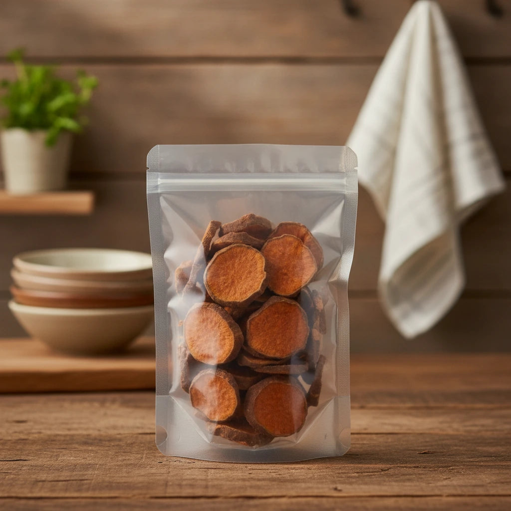 Rhodiola Root Whole (Radix Rhodiola) | The herb/berry/powder/fruit/root/bark that is in the black bowl, i would like it to shown in a plastic stand up resalable pouch that is clear.