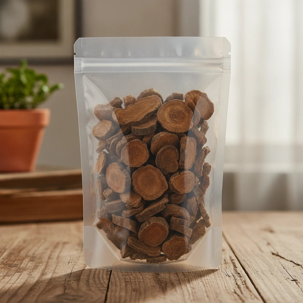 Rhubarb Root & Rhizome Whole (Rheum Palmatum) | The herb/berry/powder/fruit/root/bark that is in the black bowl, i would like it to shown in a plastic stand up resalable pouch that is clear.
