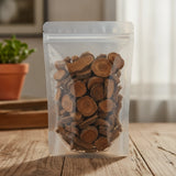 Rhubarb Root & Rhizome Whole (Rheum Palmatum) | The herb/berry/powder/fruit/root/bark that is in the black bowl, i would like it to shown in a plastic stand up resalable pouch that is clear.