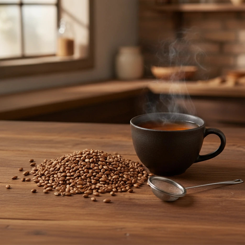 Roasted Barley Tea Whole (Hordeum Vulgare) | Can you show this tea outside of the bag and bowl, on a table next to a hot tea cup in a rustic home.