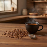 Roasted Barley Tea Whole (Hordeum Vulgare) | Can you show this tea outside of the bag and bowl, on a table next to a hot tea cup in a rustic home.