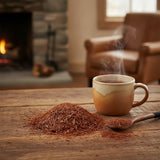 Rooibos Tea (Aspalathus Linearis) | Can you show this tea outside of the bag and bowl, on a table next to a hot tea cup in a rustic home.