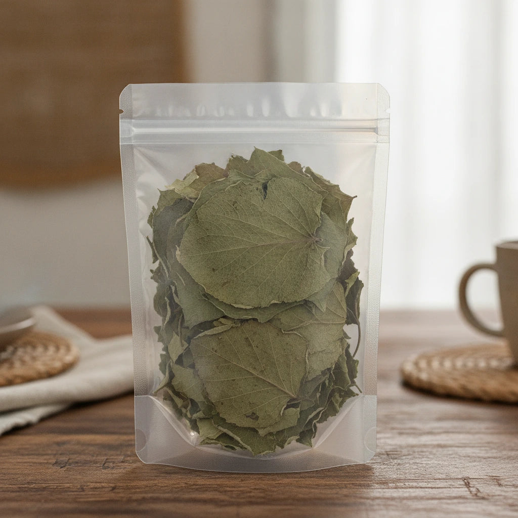 Root Beer Plant Leaf Whole (Piper Auritum) | The herb/berry/powder/fruit/root/bark that is in the black bowl, i would like it to shown in a plastic stand up resalable pouch that is clear.