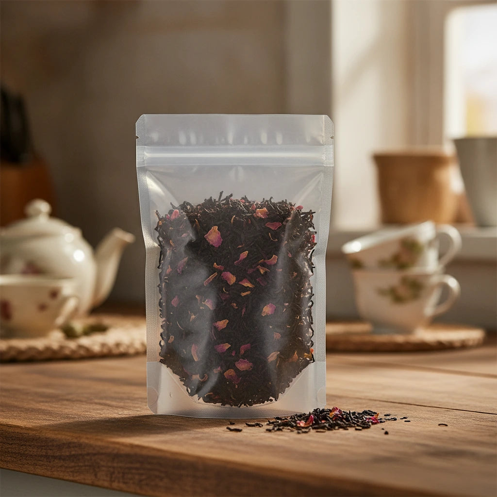 Rose Congou Black Tea (Camellia Sinensis) | The herb/powder/tea that is in the black bowl, i would like it to shown in a plastic stand up resalable bag that is clear.