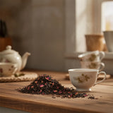 Rose Congou Black Tea (Camellia Sinensis) | Can you show this tea outside of the bag and bowl, on a table next to a hot tea cup in a rustic home.